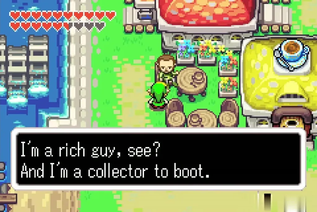 Link talking with the man at the tables by Mama's Cafe, full dialogue box shown Link talking with the man at the tables by Mama's Cafe, full dialogue box shown