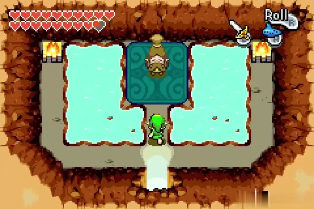Link facing the Crenel Hermit across the shrine pools on Mt. Crenel Link facing the Crenel Hermit across the shrine pools on Mt. Crenel