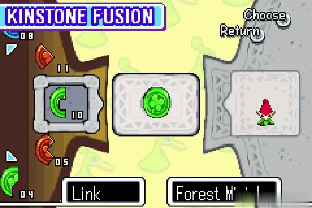 Kinstone Fusion screen with Link's green piece joined to the Forest Minish's Kinstone Fusion screen with Link's green piece joined to the Forest Minish's