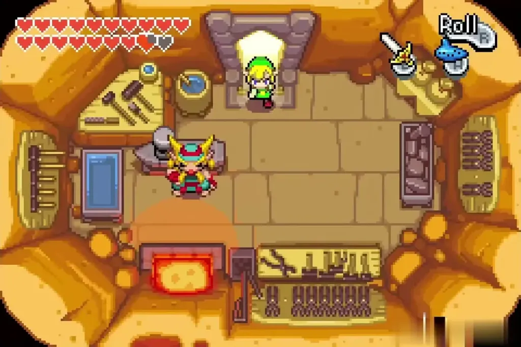 Link at the top of the workshop with the furnace and anvil below and a Mountain Minish in horned armor Link at the top of the workshop with the furnace and anvil below and a Mountain Minish in horned armor