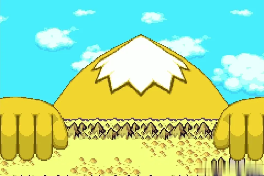 A giant yellow Goron's head and hands rising over the horizon A giant yellow Goron's head and hands rising over the horizon