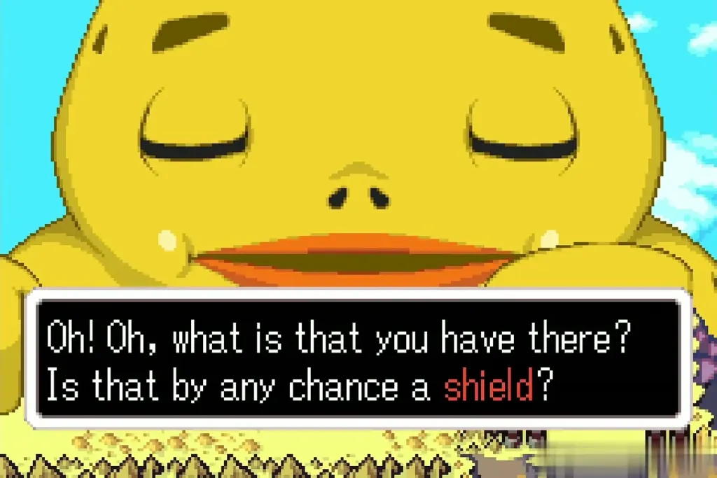 The giant Goron asking whether that is a shield, full dialogue shown The giant Goron asking whether that is a shield, full dialogue shown