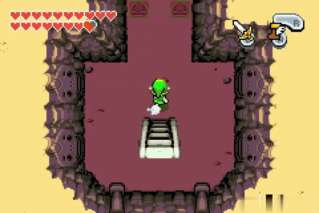 Link walking down toward the stairs in the red Goron cave Link walking down toward the stairs in the red Goron cave