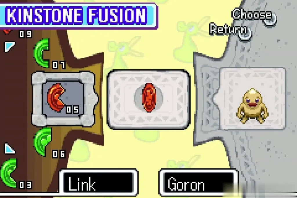Kinstone Fusion screen with Link's red piece joined to the Goron's Kinstone Fusion screen with Link's red piece joined to the Goron's