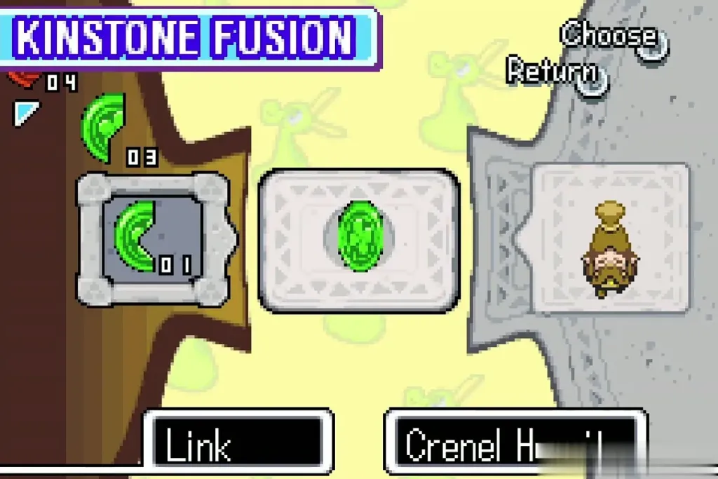 Kinstone Fusion screen with Link's green piece joined to the Crenel Hermit's Kinstone Fusion screen with Link's green piece joined to the Crenel Hermit's