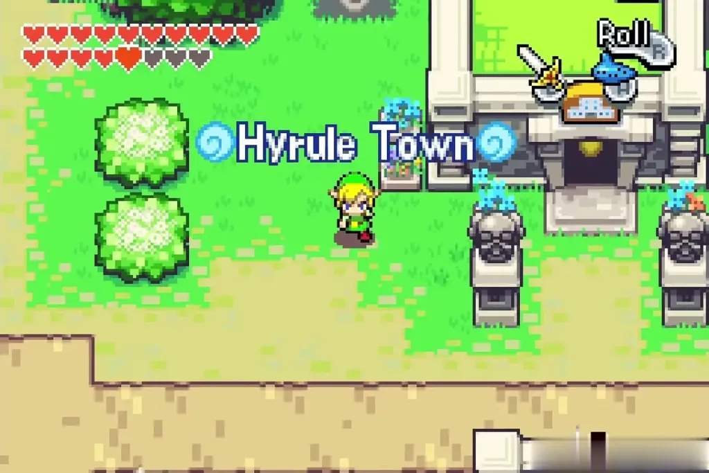 Link standing at the Hyrule Town sign beside the guardian statues Link standing at the Hyrule Town sign beside the guardian statues