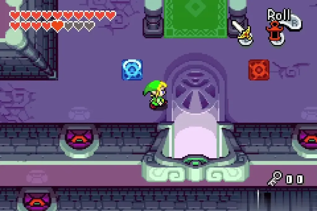 Link by the glowing archway between a blue and a red seal block Link by the glowing archway between a blue and a red seal block