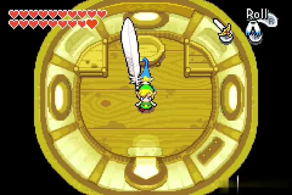 Link in the round Minish chamber with Librari holding the sword upright, after the Heart Container Link in the round Minish chamber with Librari holding the sword upright, after the Heart Container