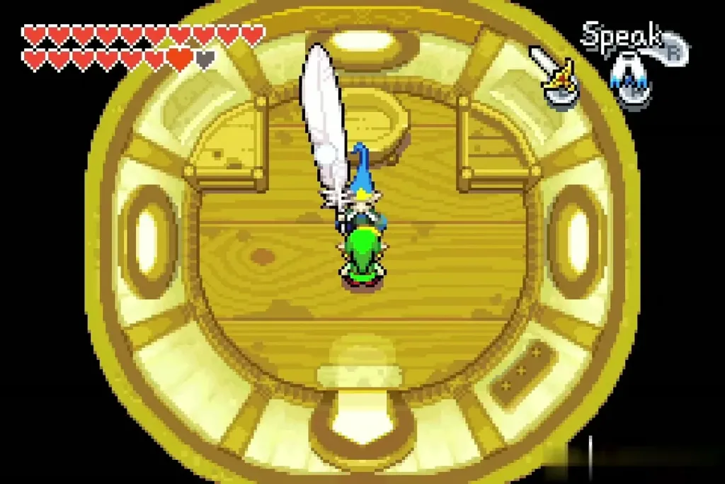 Link facing Librari, who holds a sword upright, inside the round Minish chamber Link facing Librari, who holds a sword upright, inside the round Minish chamber