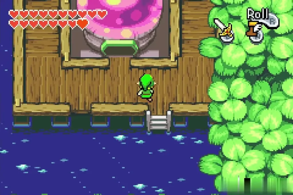 Minish-sized Link on a wooden dock in front of the pink mushroom house, clover leaves beside him Minish-sized Link on a wooden dock in front of the pink mushroom house, clover leaves beside him