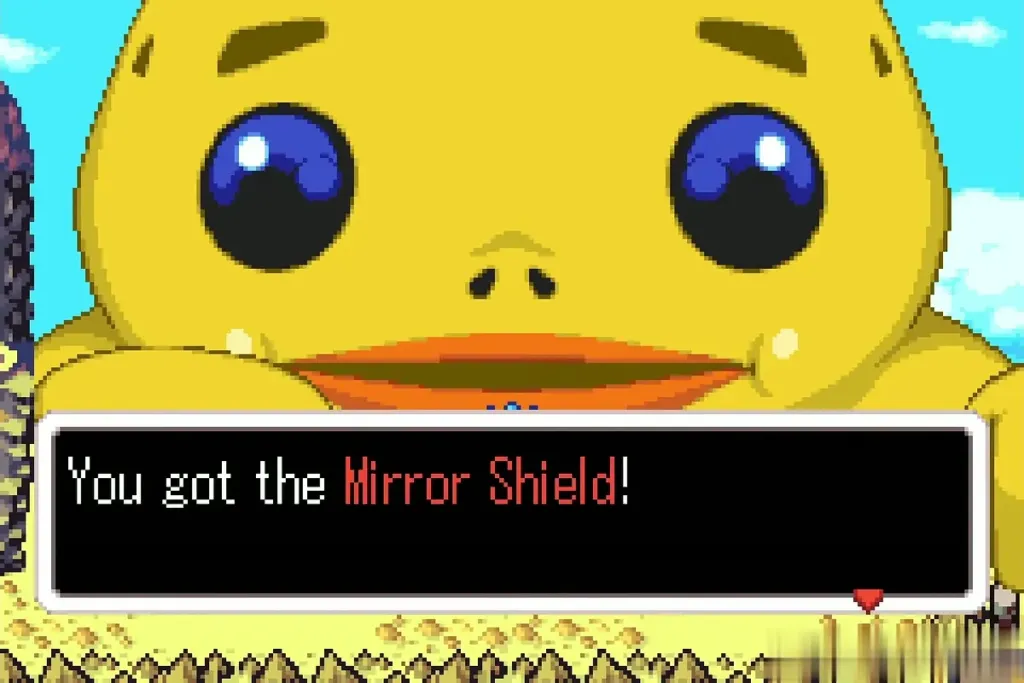 Biggoron giving Link the Mirror Shield, full item message shown Biggoron giving Link the Mirror Shield, full item message shown
