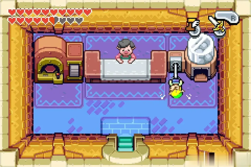 Link pulling the figurine machine lever for a late draw while Carlov watches Link pulling the figurine machine lever for a late draw while Carlov watches