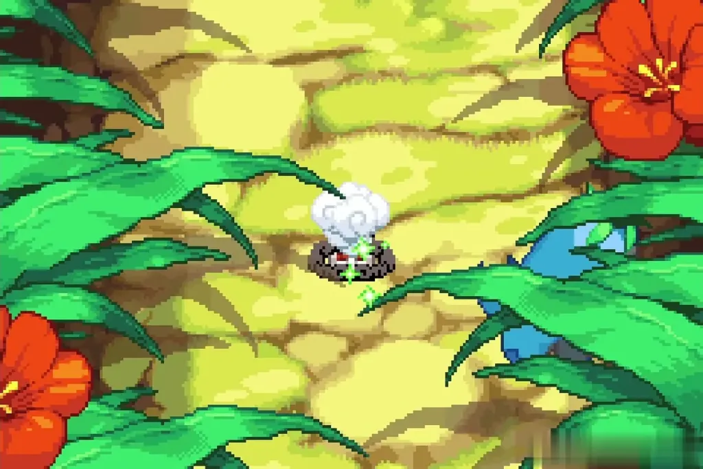 A white puff and green sparkles on the ground among large leaves after Romio's fusion A white puff and green sparkles on the ground among large leaves after Romio's fusion