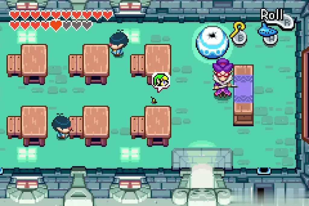 Link in the school room with a green speech bubble over his head Link in the school room with a green speech bubble over his head