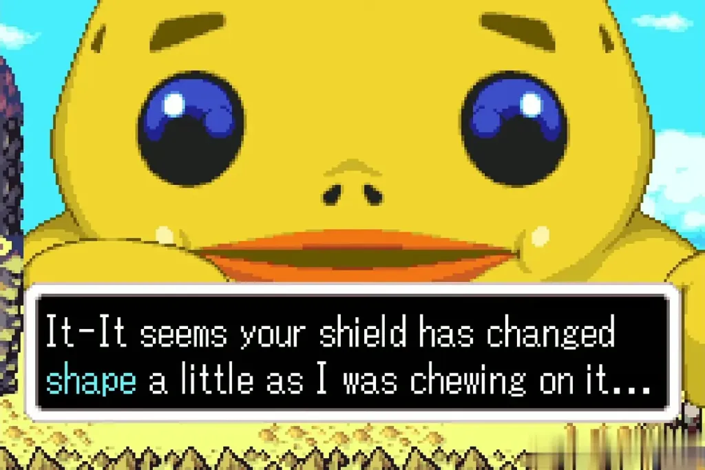 Biggoron remarking the shield changed shape while he chewed it, full dialogue shown Biggoron remarking the shield changed shape while he chewed it, full dialogue shown