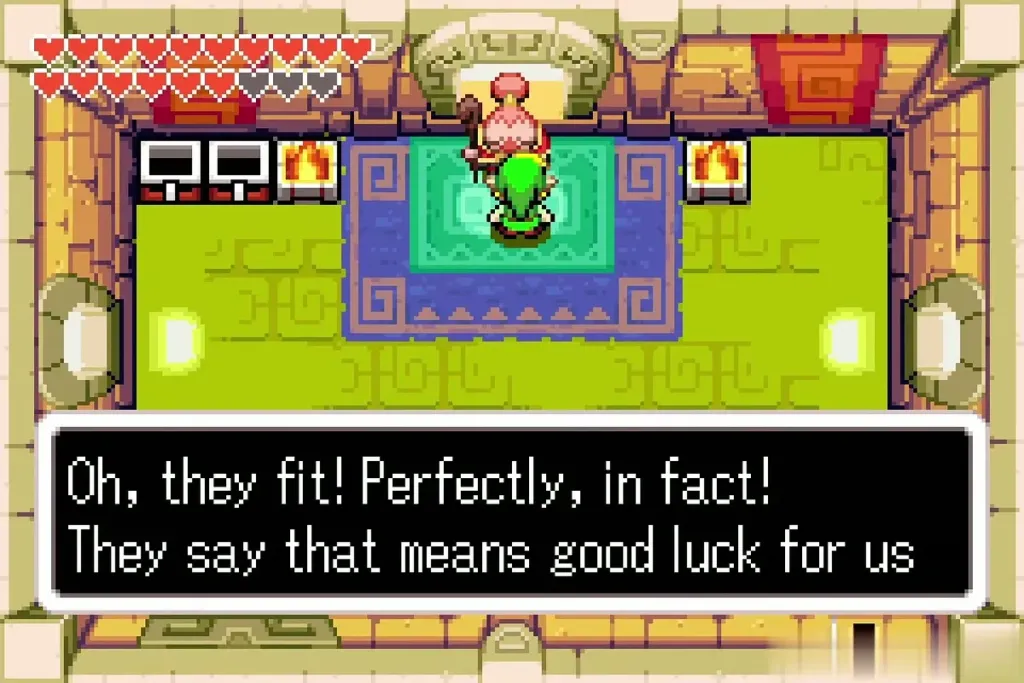 Link and Siroc on the rug with the full good-luck dialogue box shown Link and Siroc on the rug with the full good-luck dialogue box shown