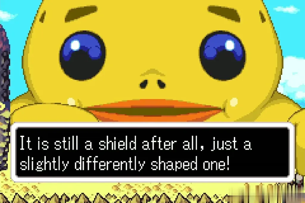 Biggoron saying it is still a shield, just a slightly differently shaped one, full dialogue shown Biggoron saying it is still a shield, just a slightly differently shaped one, full dialogue shown