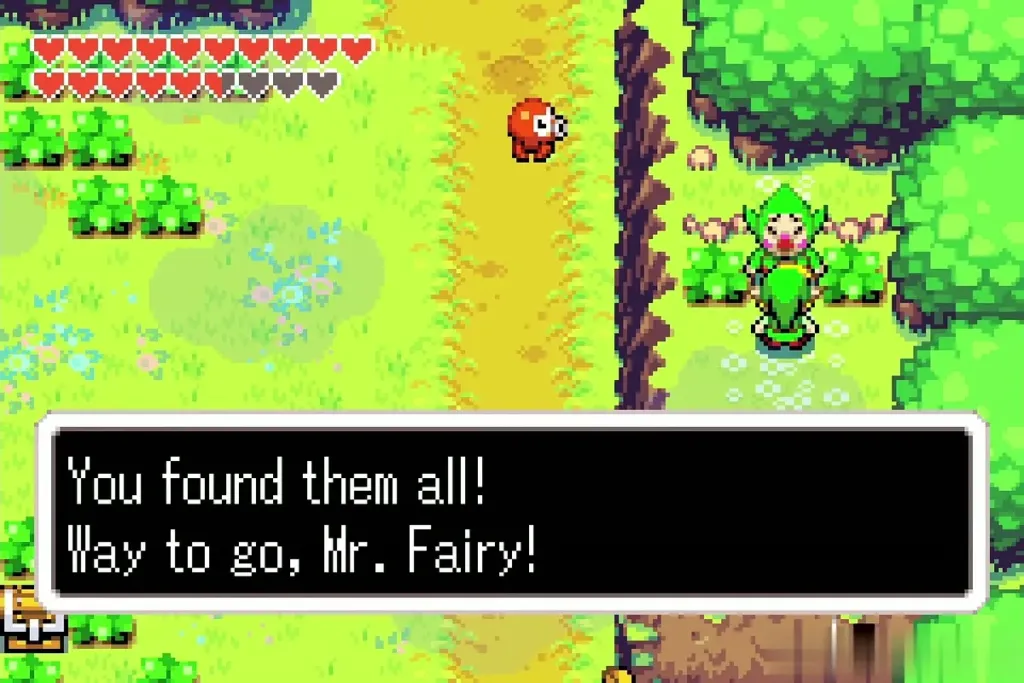 Tingle cheering that Link found them all, full dialogue box shown Tingle cheering that Link found them all, full dialogue box shown