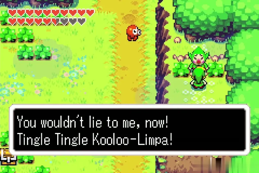 Tingle speaking to Link, with the dialogue box fully typed Tingle speaking to Link, with the dialogue box fully typed