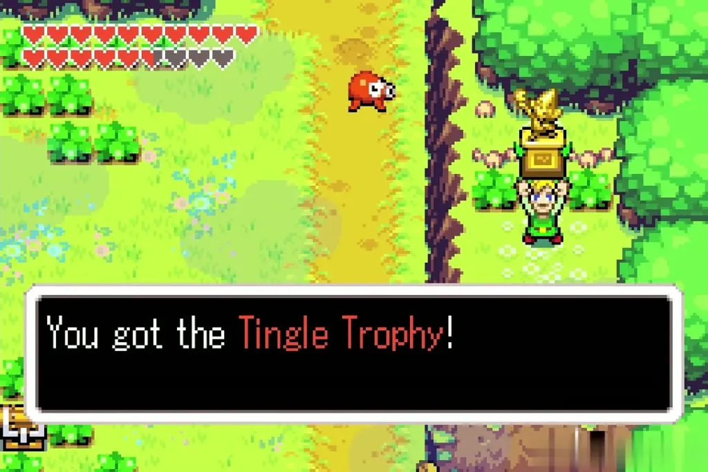 Link holding up the Tingle Trophy, full item message shown Link holding up the Tingle Trophy, full item message shown