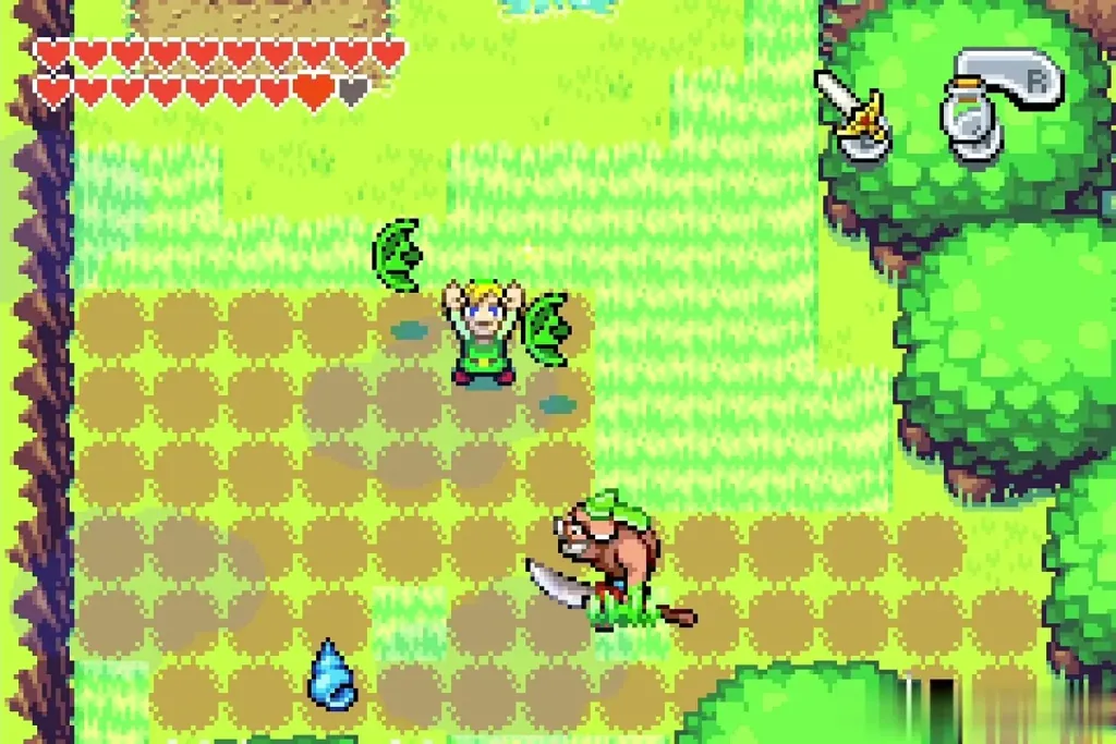Link with arms raised among green Kinstone pieces beside a Moblin Link with arms raised among green Kinstone pieces beside a Moblin