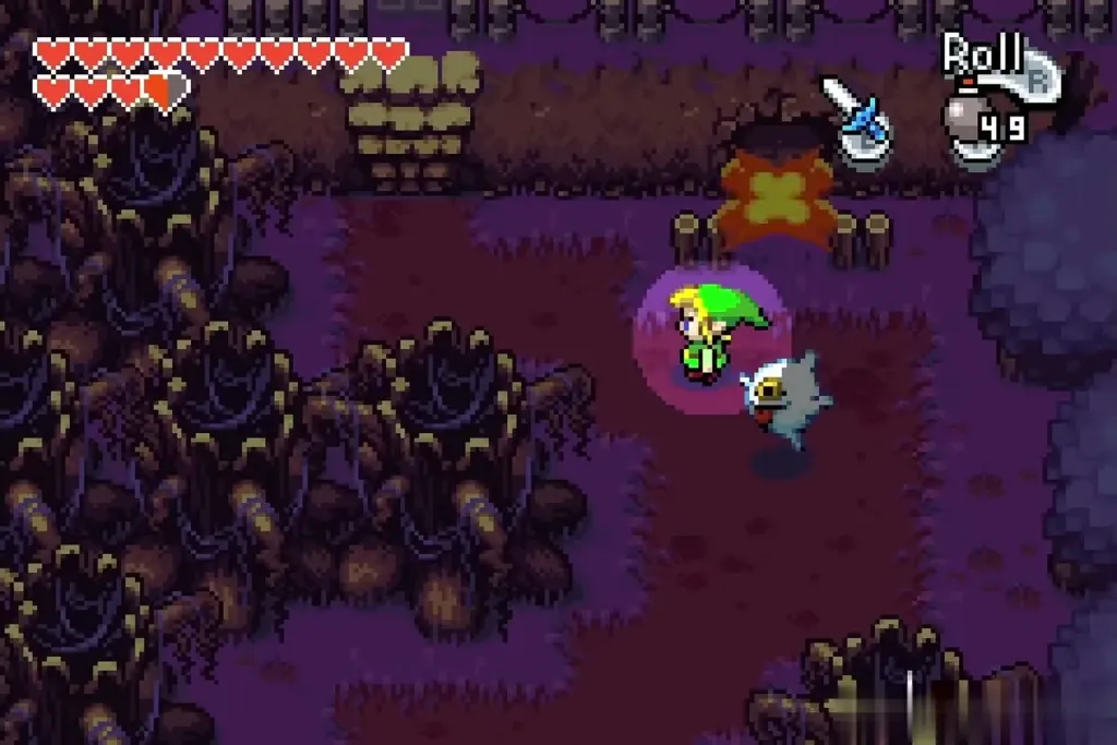 A bomb exploding between the two posts while a ghost floats near Link