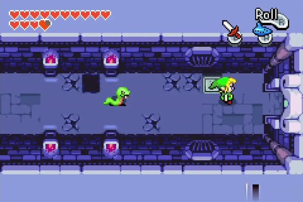 Link walking the castle corridor toward the north door with a snake nearby