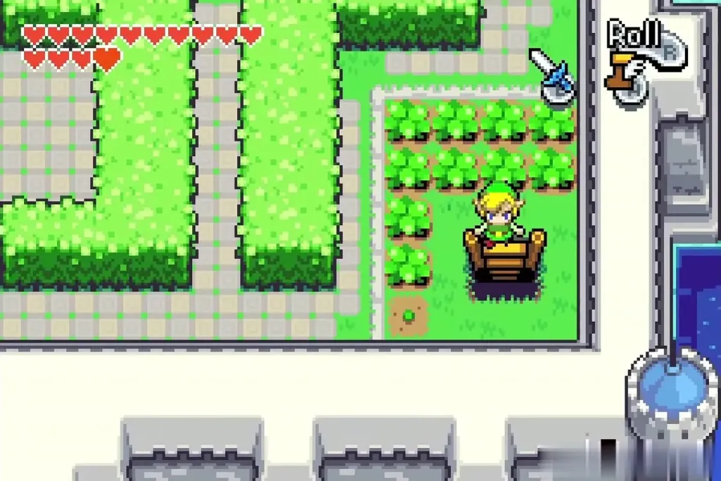 Link in the Hyrule Castle Garden beside the hedge maze