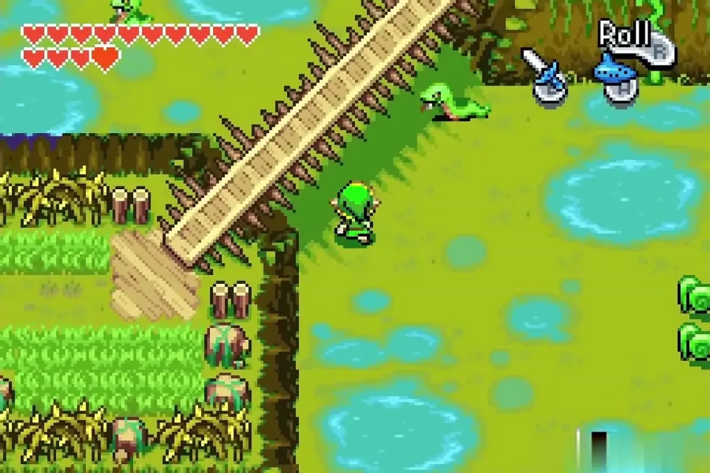 Link walking along the spiked boardwalk through the swamp