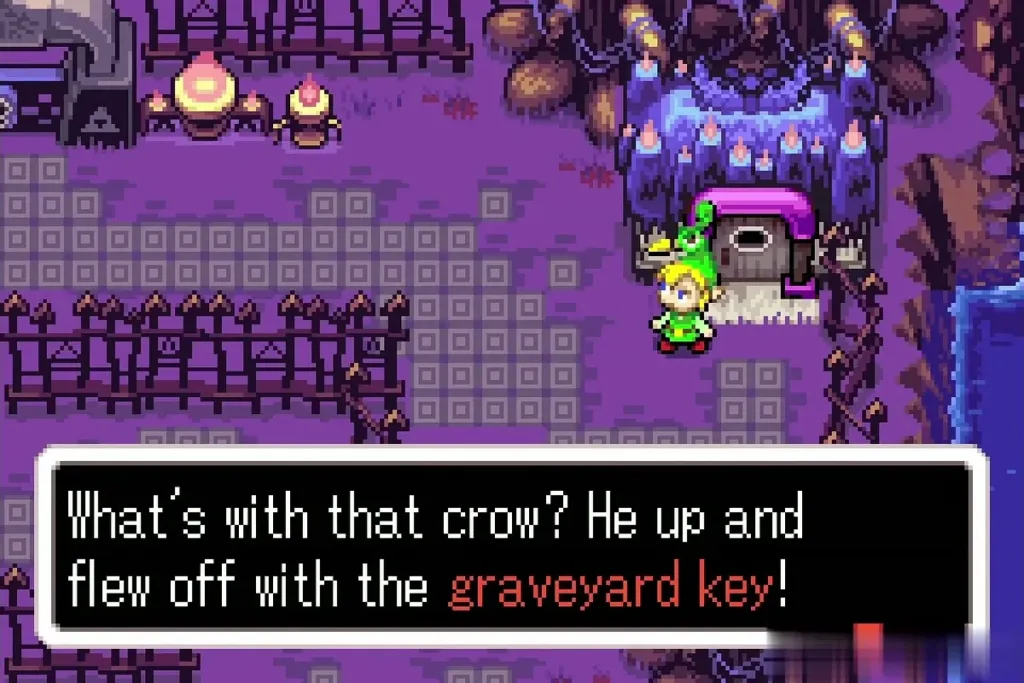 Link outside Dampe's house after the crow flew off with the graveyard key