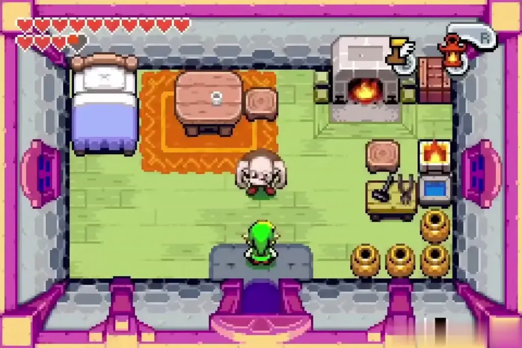 Link stepping into Dampe's house where the gravedigger stands