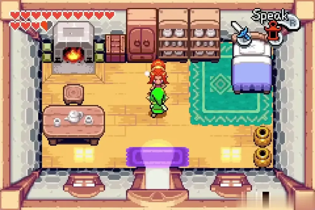 Link standing in front of Din inside her house