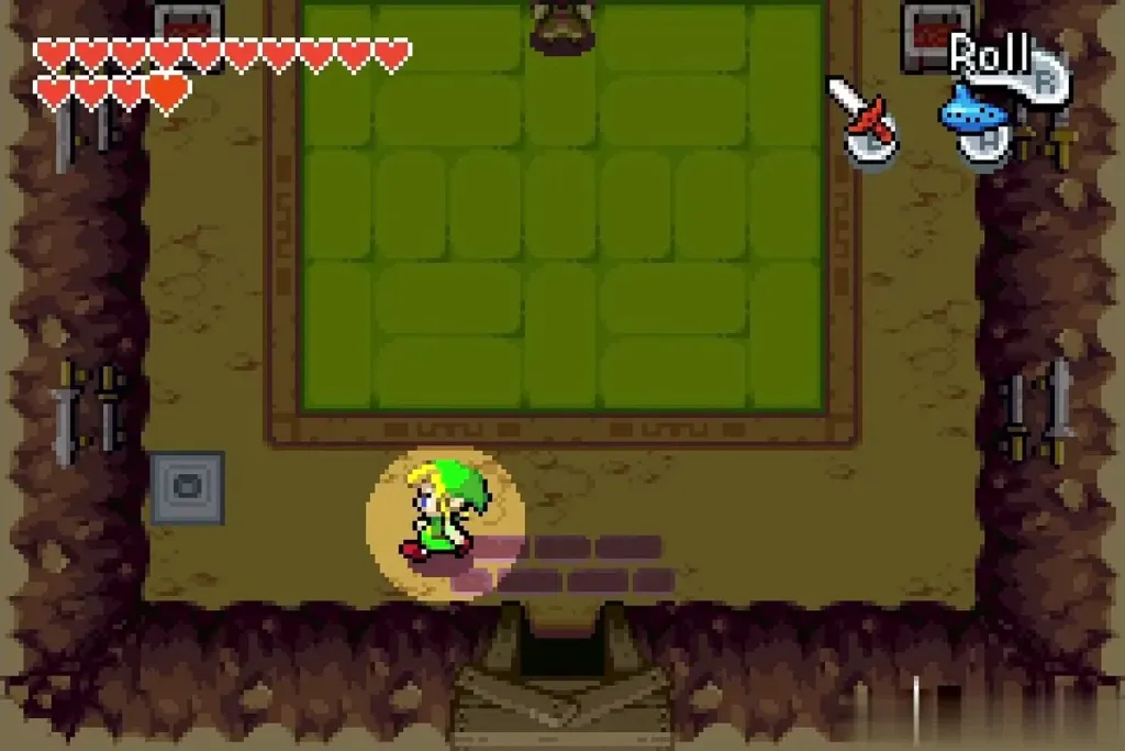 Link entering the dark dojo with only a small circle of light around him
