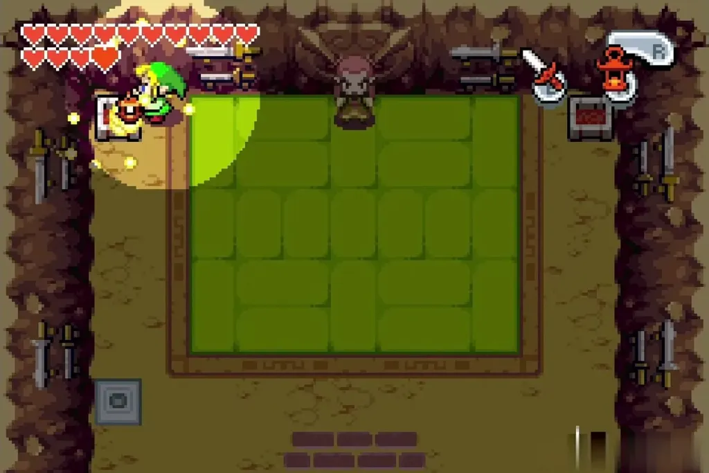 Link lighting the left fire pit of the dojo with the Flame Lantern