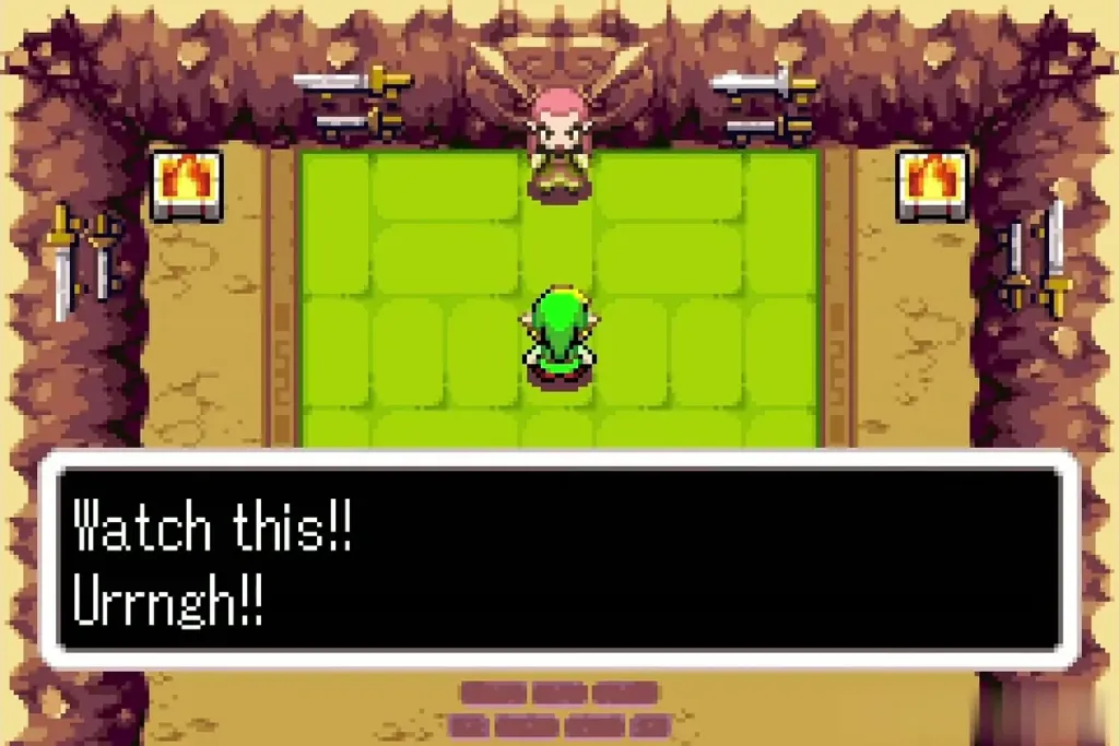 Grimblade teaching Link the Sword Beam technique in his dojo