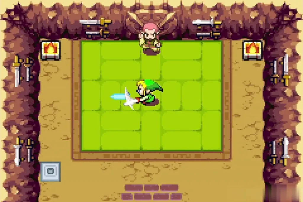 Link swinging his sword and firing a beam across the dojo mat