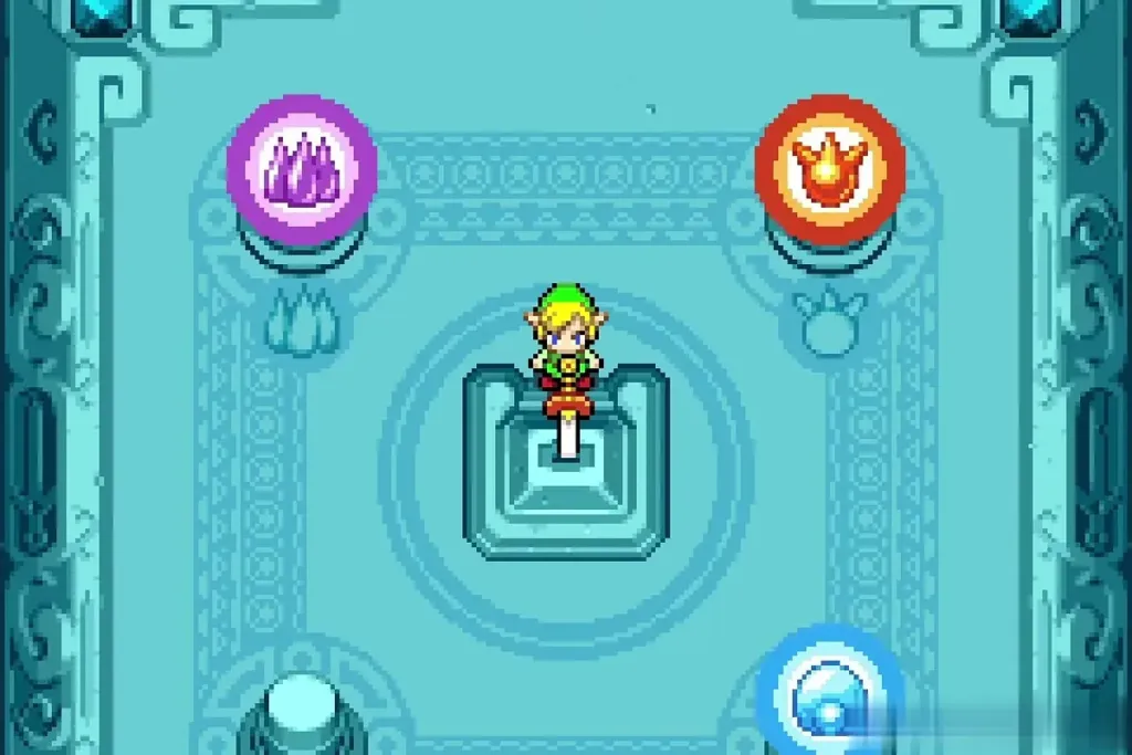 The Earth, Fire and Water Element flames lit around Link on the pedestal