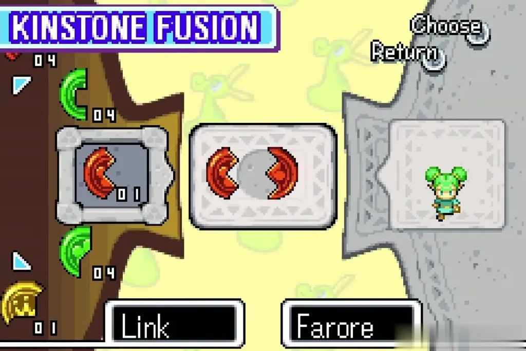 Red Kinstone halves about to join between Link and Farore