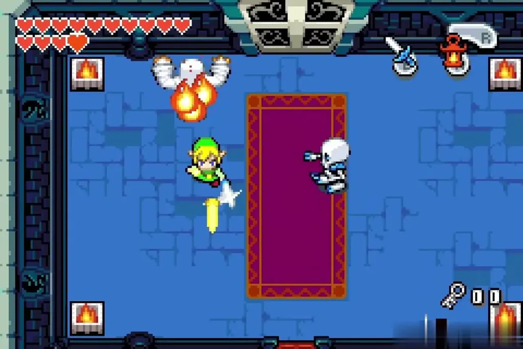 Link fighting a Gibdo and a skeleton while the pits shoot fire