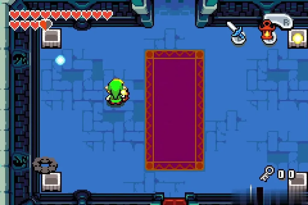 Link standing in the fire pit room with the corner pits lit