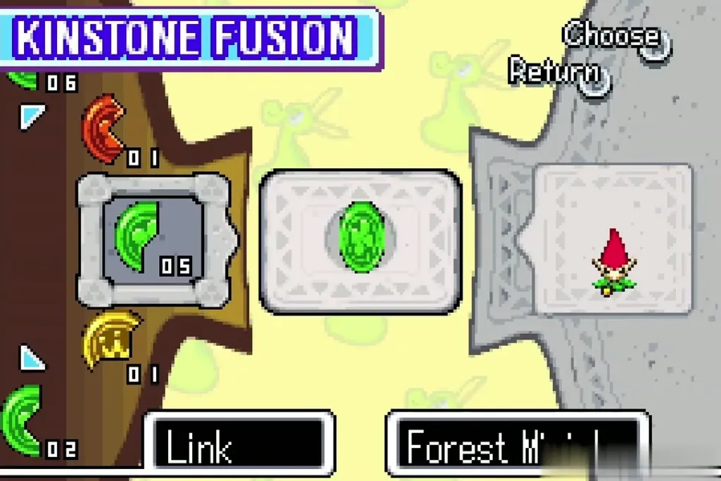 Green Kinstone halves joined between Link and the Forest Minish