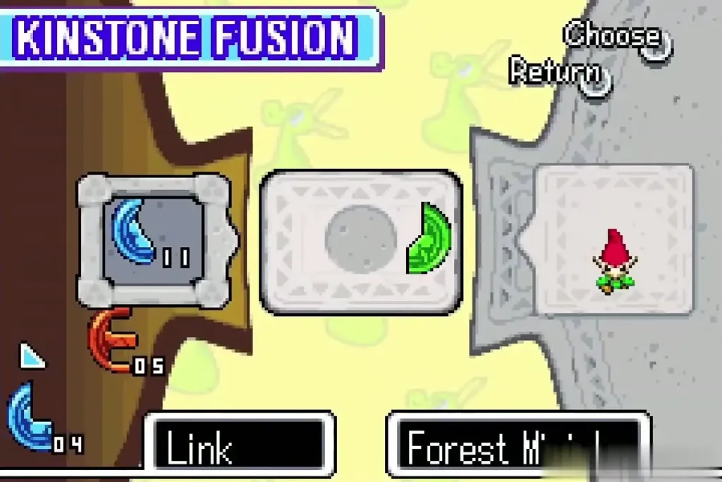 Kinstone Fusion screen with Link placing a green piece beside the Forest Minish