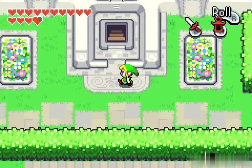 Link at the stairway in the centre of the Hyrule Castle Garden building