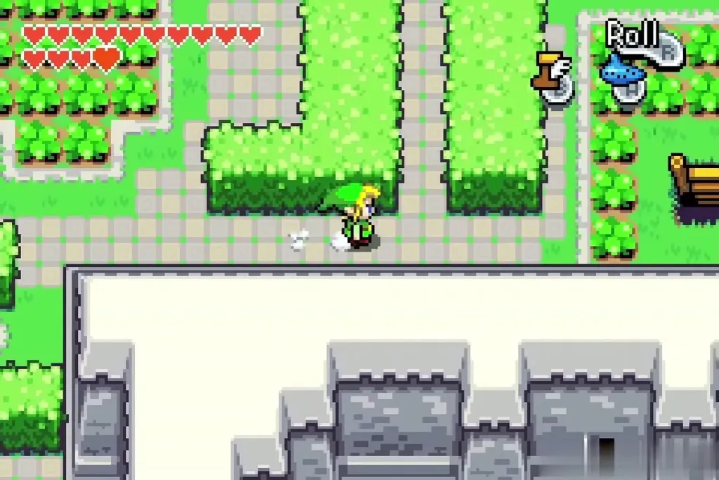 Link running east through the hedge maze beside the castle wall