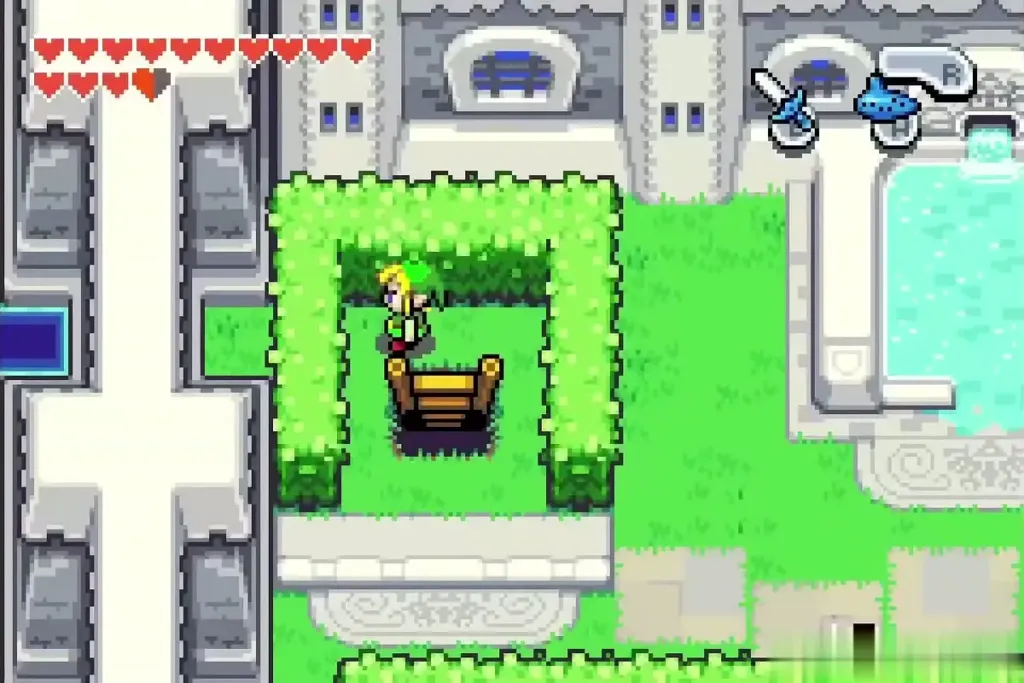 Link stepping out of the ladder hole into the castle garden