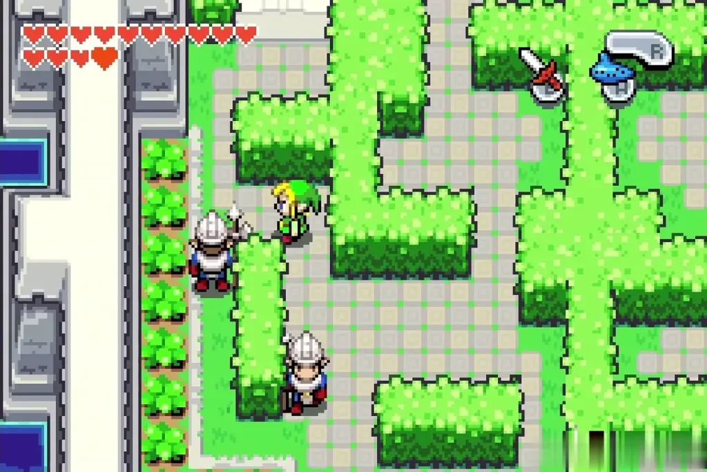 Link waiting behind a hedge while two guards patrol the west maze
