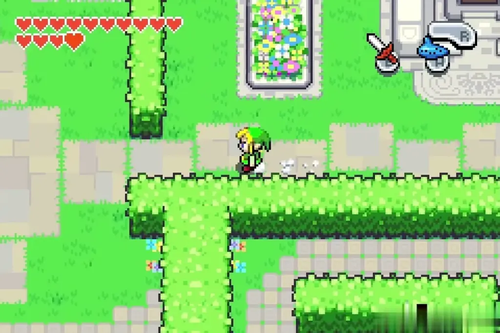 Link walking along a hedge at the start of the west side of the garden maze