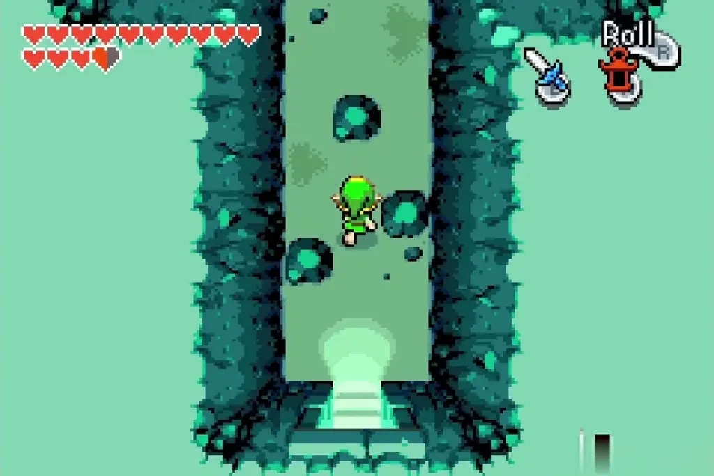 Link in a narrow cavern passage above a glowing staircase