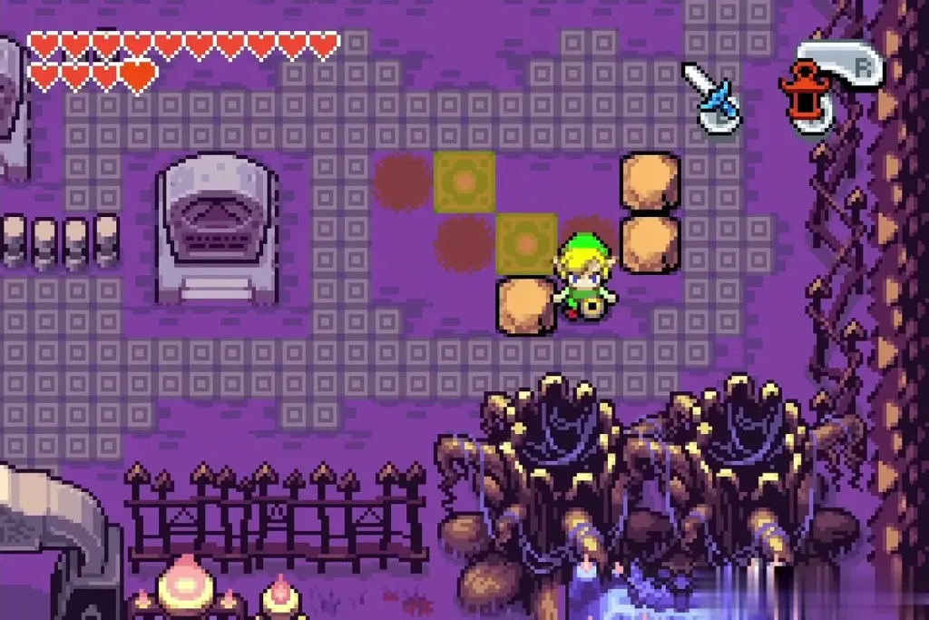 Link beside cut blocks and floor slabs in the graveyard