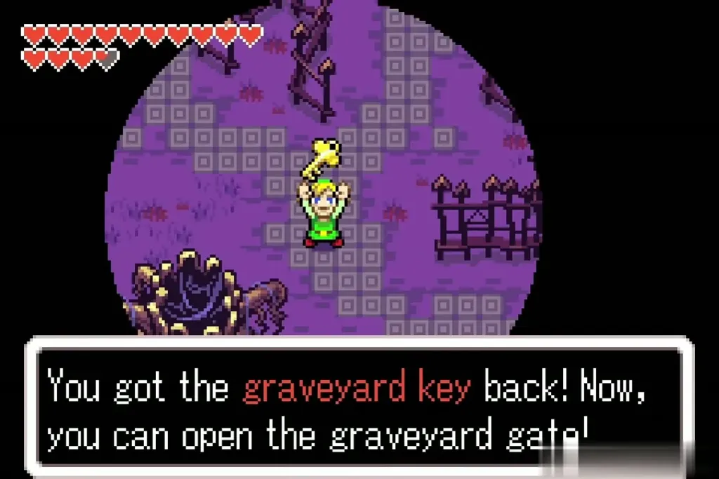Link holding up the recovered graveyard key with the key back message